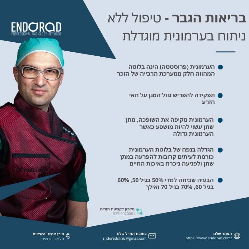 אינפוגרפיקה על טיפול בערמונית מוגדלת ללא ניתוח במרכז הרפואי Endorad. מידע על תפקידי הערמונית, טיפולי שיפור איכות חיים ושיטות טיפול מתקדמות.