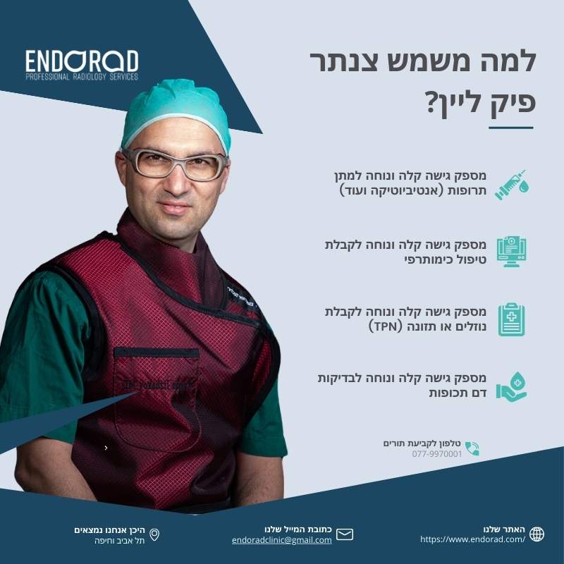 התמונה מציגה איש מקצוע רפואי המסביר על השימושים בצנתר פיק ליין. צנתר זה מאפשר גישה נוחה ומתמשכת למתן תרופות, טיפול כימותרפי, נוזלים או תזונה, ובדיקות דם תכופות, עם דגש על נוחות המטופל והפחתת הצורך בדקירות חוזרות.